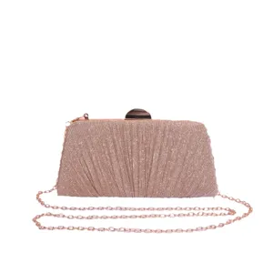 Elegant rose gold glitter evening clutch bag with pleated design and chain strap.