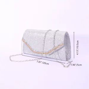 Elegant silver sparkly rhinestone evening clutch bag with chain strap for women wedding party.