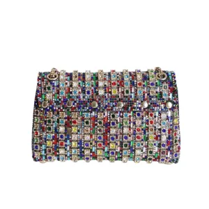 Stunning colorful rhinestone evening shoulder bag, luxury crystal chain handbag for women.