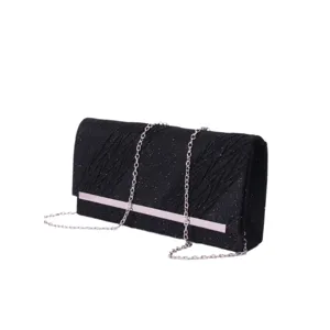 Black glitter evening clutch bag with silver chain and metal bar for party wedding dress.