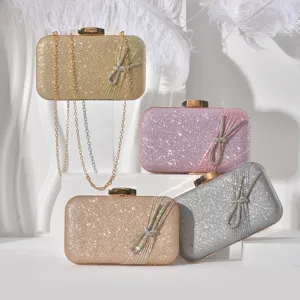 Women Evening Bag Rhinestone Bow Metallic Clutch Shiny Sequin Party Handbag Elegant Wedding Prom Shoulder Chain Bag