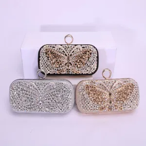 Damen Strass Schmetterling Abend Clutch Tasche Retro Glitzernde Hochzeit Party Handtasche Metall Ring Griff Geldbörse Gold Schwarz