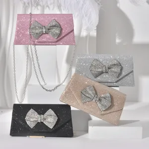 Women Glitter Rhinestone Bowknot Evening Bag Luxury Sequins Chain Crossbody Shoulder Bag Square Handbag For Party Banquet