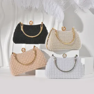Women Vintage Evening Bag PU Leather Artificial Pearl Luxury Handbag Banquet Clutch Purse With Metal Handle