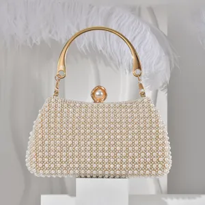 Elegant pearl beaded evening bag with gold metal handle for women party dresses and wedding events.