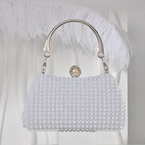 pearl evening clutch bag detail, elegant white beaded metallic handle handbag for banquet dress