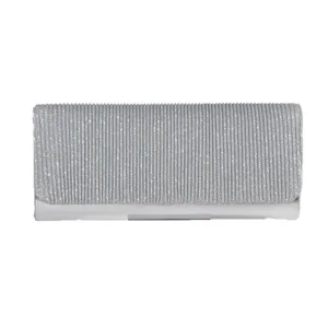 Silver glitter evening clutch bag for women, elegant metallic hard case purse for wedding party.