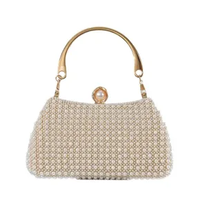 Pearl evening handbag with gold metal top handle elegant bridal clutch purse for women