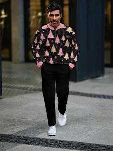 Men's Christmas tree print stand collar sweatshirt and trousers set for festive daily wear.
