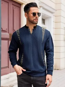 Men's stylish long sleeve textured sweatshirt with plaid patch details for casual wear