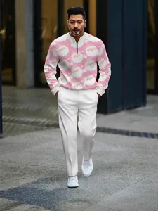 Men's stand-up collar sweatshirt and pants set featuring a festive pink Santa Claus holiday print.