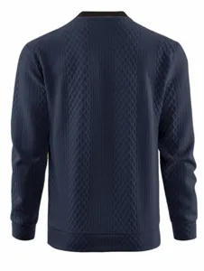 Back view detail of men's dark blue textured long sleeve knit sweater with ribbed collar.