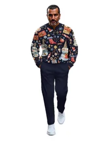 Men Christmas zip collar sweatshirt and trousers set holiday festive printed outfit