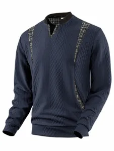 Men's dark blue knitted V-neck sweatshirt with stylish plaid patchwork details, long sleeves.
