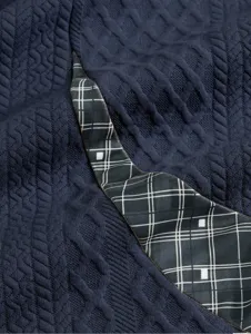 Men sweatshirt fabric detail, dark blue textured knit material with plaid trim pattern