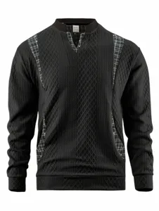 Men's stylish long sleeve sweater detail view, showcasing unique plaid patchwork design and comfort.
