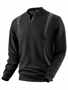 Men's black knit sweater with plaid patchwork long sleeve casual pullover top for spring autumn