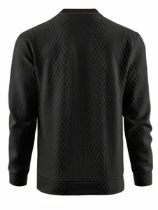 Detailed back view of men's black knit sweater featuring elegant geometric diamond texture.