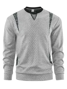 Men's casual grey long sleeve V-neck sweatshirt detail view with stylish plaid contrast trim.