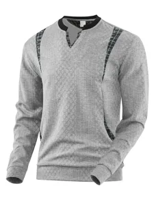 Men's casual grey long sleeve sweatshirt with stylish V-neck patchwork design for daily wear.