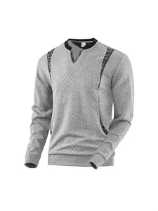 Men grey long sleeve sweatshirt with v neck and plaid shoulder panel casual daily wear top