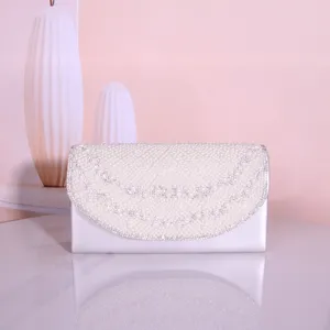 Pearl Rhinestone Evening Clutch Bag Elegant Wedding Party Handbag Silver Shimmer Purse