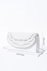 White pearl rhinestone evening clutch bag with chain strap detail showing product size measurements.