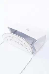 Close-up detail of white pearl rhinestone evening clutch bag with metal chain strap.