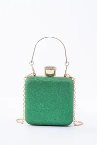 Green glitter clutch bag with gold chain and rhinestone clasp for evening party events.
