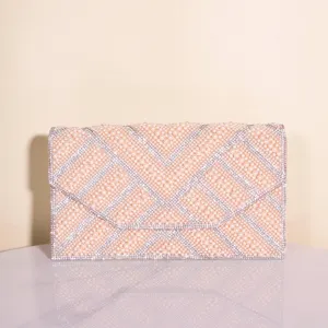 Elegant pearl rhinestone evening clutch bag, sparkling crystal envelope purse for wedding party.