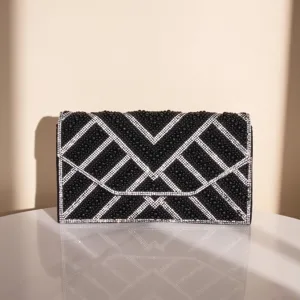 Black beaded evening clutch with shimmering rhinestone geometric pattern for women banquet.