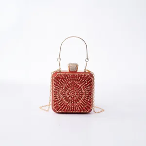 Red rhinestone evening clutch bag elegant sparkle square bag for wedding party banquets