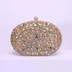 Élégant sac de soirée ovale en strass pour femmes, sac à main scintillant en cristal doré.