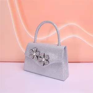 Elegant silver glitter evening bag with rhinestone flower pearl charms for women party.