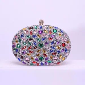 Pochette de soirée ovale en strass luxueuse avec motif tournesol en cristal coloré pour fête.
