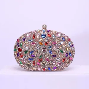 Magnifique pochette de soirée ovale en strass avec cristaux colorés pour robe de fête.