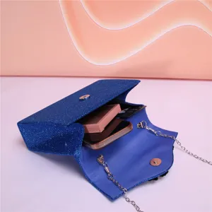 Blue glitter evening clutch bag with silver chain strap for women party wedding prom elegant bag.