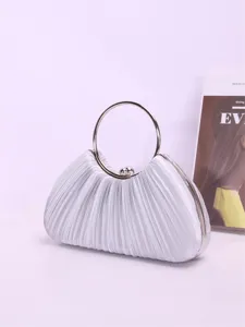 Elegant pleated evening clutch bag with metal round handle, perfect for party and formal dresses.