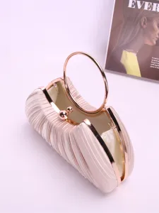 Elegant pleated evening clutch bag with round metal ring handle and glamorous satin finish.
