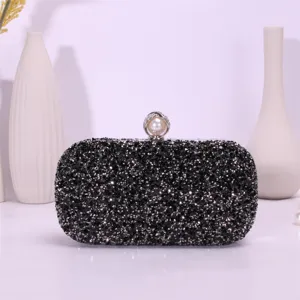 Black rhinestone evening clutch bag with pearl clasp, sparkling crystal design for party prom.