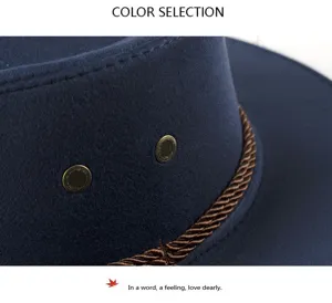 Primer plano detallado de sombrero de cowboy azul con ojales metálicos y cuerda.