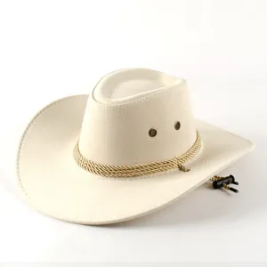 Clásico sombrero de vaquero occidental beige con banda de cuerda dorada trenzada, elegante gorra.