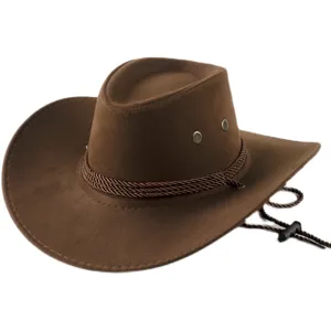 Clásico sombrero de vaquero occidental marrón con cordón trenzado y barbiquejo para viajes.