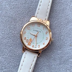 Cute cat quartz watch for students with white leather strap and rose gold cat ear case design.