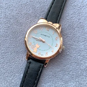 Cute Cat Ear Alloy Quartz Watch For Women Cartoon Kitten Design Leather Strap Round Analog Wristwatch Student Casual Decorative Watch