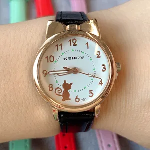 Cute cat ear quartz watch for women and students with black leather strap and white dial.