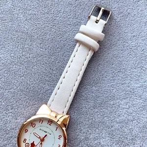 Cute cat ear women quartz watch with white leather strap stylish student casual wrist watch