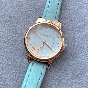Cute cat quartz wristwatch with mint green leather strap and rose gold case for students.