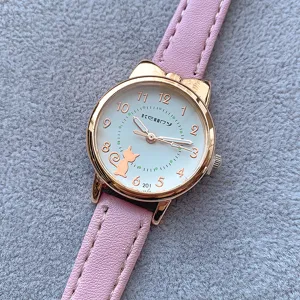 Pink leather strap cute cat quartz watch with rose gold case and clear dial for students.