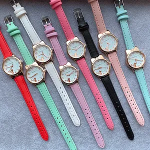 Cute cat ear quartz watch for students and women with colorful leather strap casual wristwatch